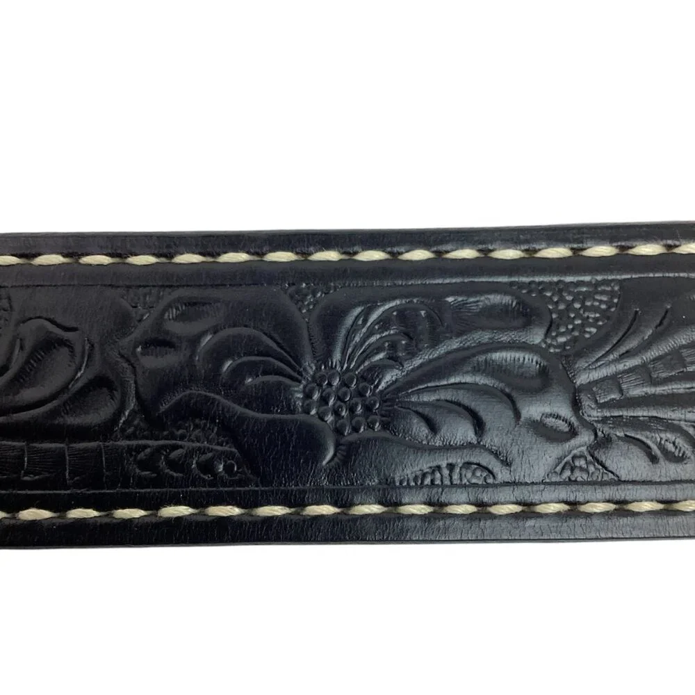 Justin Tooled Black Leather Belt Eagle Buckle Solid Brass Mens 28 Made In USA NW - Picture 3 of 9